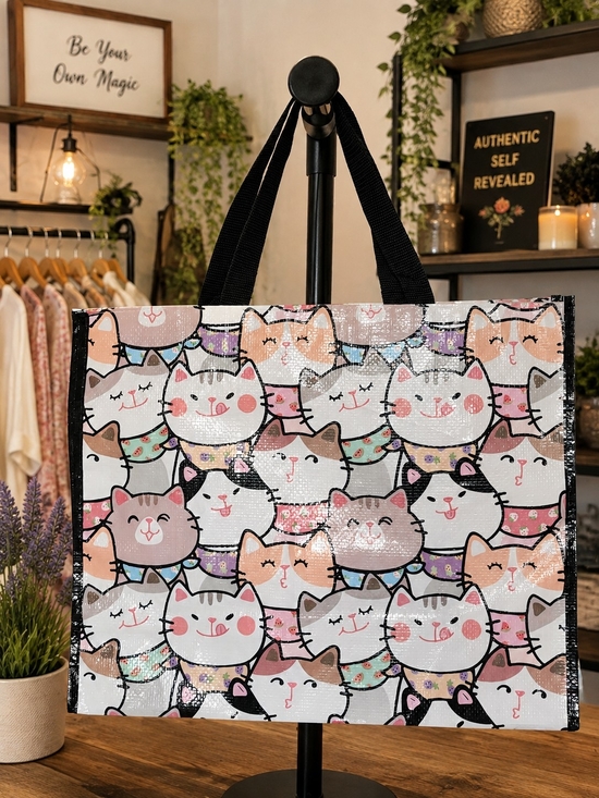 Other - Cute Cat Print Large Tote Bag – Pink Pastel Kawaii Cats – Roomy 17.5" NWOT